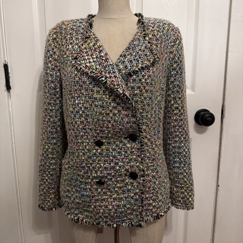 Emporio Armani Women's Multi Color Pastel Tweed Blazer Size 44 US 12 Fringe - Picture 2 of 10